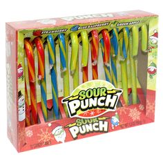 Sour Punch Assorted Candy Canes - 12 Count 5.3 oz. Box - For fresh candy and great service, visit www.allcitycandy.com Superhero Candy, Sour Punch, Wax Candy, Candy Cocktails, Licorice Candy, Barbie Gifts, Gold Candy, Candy Games, Yellow Candy