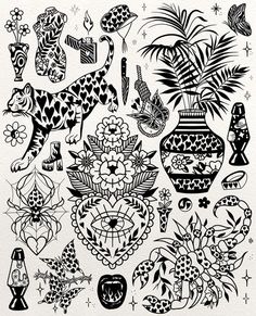 black and white drawing of vases with flowers, plants and animals in them on paper