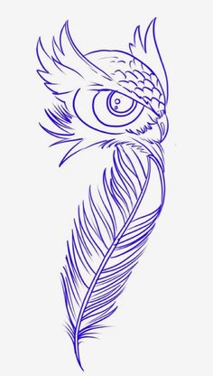 a drawing of an owl's eye with a feather on it, in blue ink