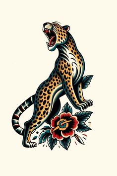 an old school tattoo design of a cheetah on a branch with flowers and leaves