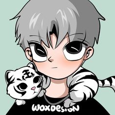 a drawing of a boy holding a white and black cat with the word woxbien on it