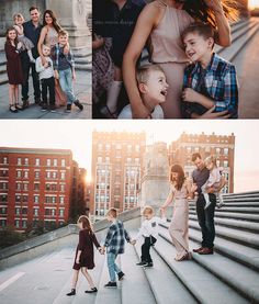 the family is walking down the stairs in front of their apartment building and posing for pictures