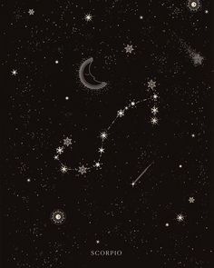 the zodiac sign scorpio in the night sky with stars and crescents