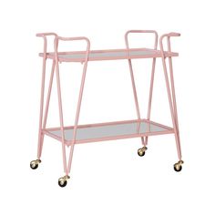 a pink metal serving cart with wheels and two glass shelves on the bottom, one shelf is