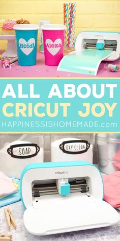 an all about cricut joy machine sitting on top of a table next to other craft supplies