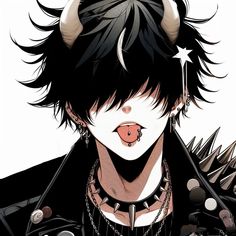 an anime character with horns on his head and piercings around his ears is staring at the camera