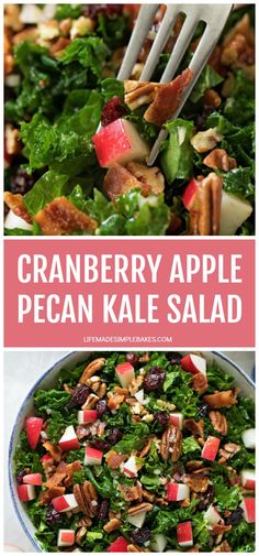 cranberry apple pecan kale salad with apples and walnuts in it