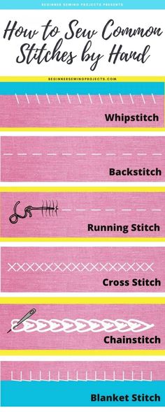 the instructions for how to sew common stitches by hand with pictures and text below