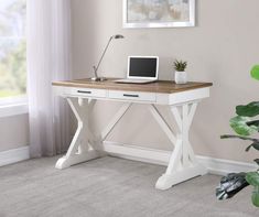 a computer desk with a laptop on top of it next to a potted plant