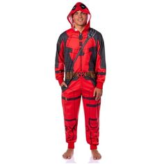 Get ready to unleash your inner anti-hero with this Marvel Deadpool hooded union suit costume pajama! great for lounging at home or making a statement at a costume party, this union suit lets you easily step into the world of Deadpool. Crafted from 100% polyester, it features ribbed arms and legs for a snug, comfortable fit and an amazing Deadpool suit design, complete with his mask on the hood. The double slider zipper closure runs from the neck down to the crotch, ensuring easy wear and a grea Deadpool Halloween Costume, Deadpool Suit, Pajama For Men, Deadpool Costume, Suit Costume, Union Suit, Captain America Winter Soldier, Anti Hero, Suit Design