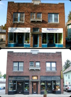 two pictures of an old brick building