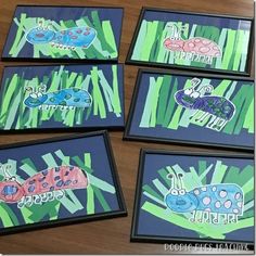 four framed pictures with bugs and grass on them