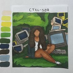 a drawing of a woman sitting on the ground in front of computer monitors and color swatches