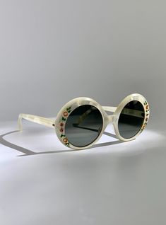 1960's Mod Sunglasses - Pearlized Round Frames - Hand Painted Details -  by MAY - Optical Quality - Made in the USA Crooked Glasses, Mod Sunglasses, Retro White Sunglasses With Mirrored Lenses, Seventies Sunglasses, 60s Mod Sunglasses, 60s Sunglasses, Round Frames, Eyewear Sunglasses, Green Glass