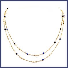 Two delicate golden chains are enhanced by tiny faceted beads of deep blue sodalite. 16" long with a 3" extender Handmade in Thailand and imported by Nakamol Chicago Elegant Blue Necklace With Satellite Chain, Elegant Blue Delicate Chain Necklace, Elegant Blue Beaded Necklace With Adjustable Chain, Elegant Adjustable Blue Layered Necklace, Elegant Blue Adjustable Layered Necklace, Elegant Blue Beaded Chain Necklace, Blue Adjustable Gold-plated Chain Necklace, Blue Adjustable Gold Plated Chain Necklace, Blue Gold-plated Chain Necklace With Adjustable Chain