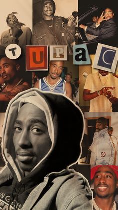 a collage of black and white photos with the word tupac on it