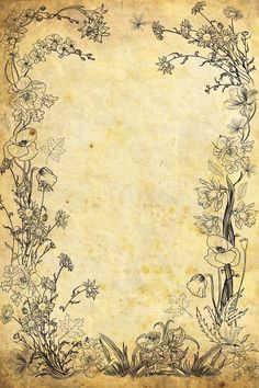 an old paper with flowers and vines in the middle, on top of it is a blank