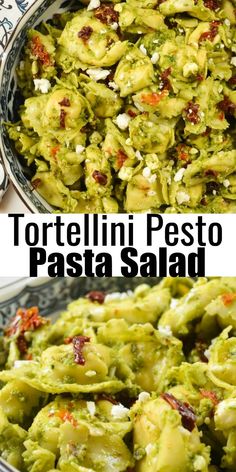 tortellini pesto pasta salad in a bowl with the title text above it