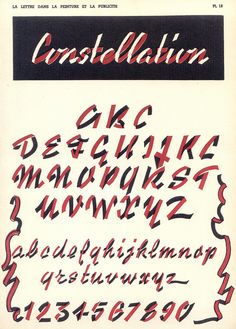 an old fashioned type of writing with red and black lettering on it's side