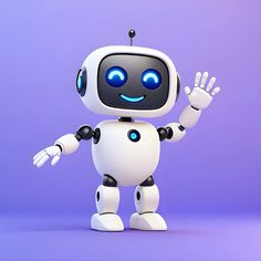 a white robot with blue eyes and arms outstretched in front of a purple background,