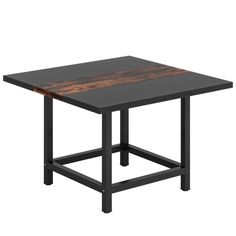 a black table with wooden top and metal legs