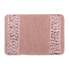 a pink bath mat with sequins and beads on the border, in front of a white background