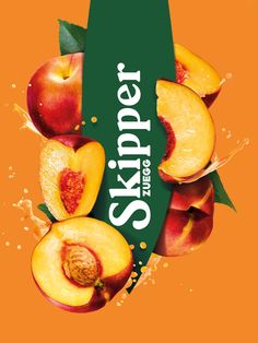 an orange background with sliced peaches and splashing water on it that says skinder