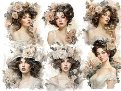 four different images of women with flowers in their hair