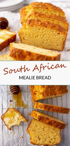 Sliced mealie bread with butter and honey African Bread Recipe, Mealie Bread, African Dessert, Holiday Bread, Africa Food, Bread Oven, South African Recipes