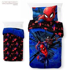 a spiderman bed set with blue and red sheets