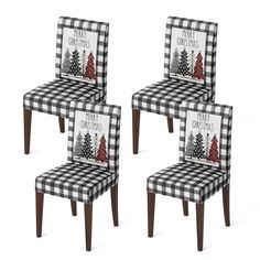 three chairs with christmas trees on them and the words merry christmas written in black and white