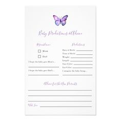 a purple butterfly baby shower request card