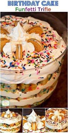 a dessert with white frosting, sprinkles and cookies on top is in a glass dish