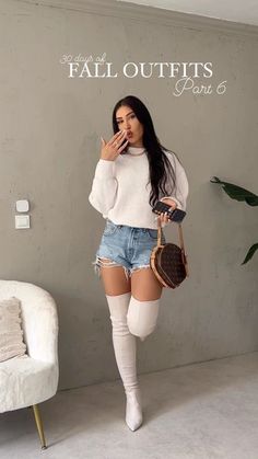 Blue Over The Knee Boots Outfit, Going Out Sweater Outfit, Sweater Shorts And Boots Outfit, Cream Thigh High Boots Outfit, Shorts And Sweater Outfit Fall, Outfits With Knee Boots, Shorts And Knee High Boots Outfits, Over The Knee Boot Outfit 2023, Knee High Boots With Shorts