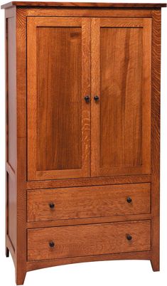 a wooden armoire with two drawers on one side and an open drawer on the other