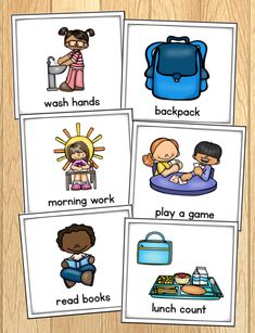 four cards with pictures of children's activities to teach them about the different kinds of things