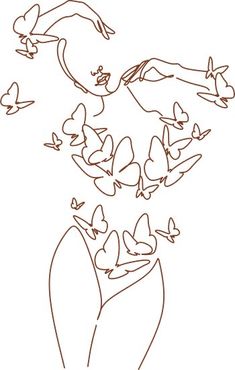 a line drawing of a woman surrounded by butterflies