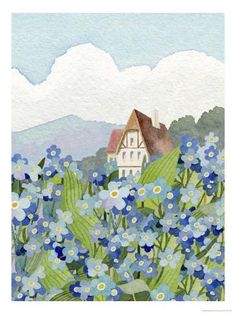 a painting of blue flowers in front of a white house with mountains in the background