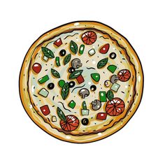 a drawing of a pizza with toppings on it