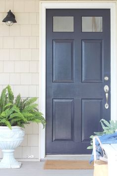 a blue front door with potted plants on the porch