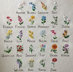 the cross stitch flowers are all in different colors and sizes, with names on them