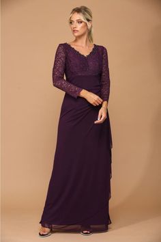 Eva USA 3451 Mother of the Bride V-Neck Long Lace Gown - Dress Long Lace Gown, Lace Long Gown, Gorgeous Gowns, Lace Gown, Mother Of The Groom, Special Moments, Sleeve Designs, Evening Wear, Lace Detail