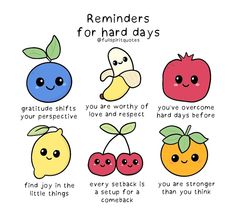 some fruit and vegetables with the words reminders for hard day's on them