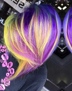 @beyondhairbyhayley  YELLOW neon purple streak dyed hair Yellow Hair Color, Neon Gas, Scene Girl, Neon Hair, Super Hair, Hair Color Purple