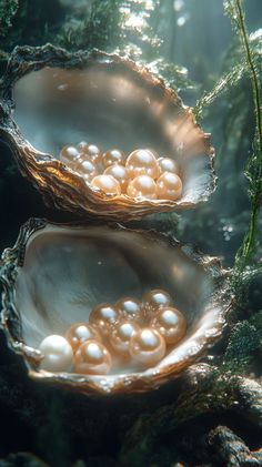 two open oyster shells with pearls in them