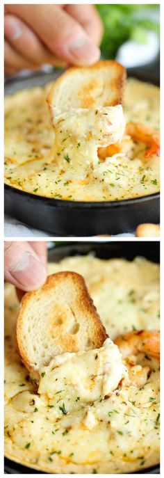 two pictures showing the process of making shrimp chow mein in a skillet with bread