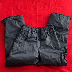 Waist 15” With Out Stretch Inseam 30” 2 Zippered Pockets.Nylon Black Waterproof Winter Pants, Black Full Length Parachute Pants For Winter, Black Winter Hiking Bottoms, Black Stretch Waterproof Bottoms, Black Bottoms With Pockets For Ski Season, Black Bottoms For Ski Season, Waterproof Black Pants For Skiing, Winter Sports Parachute Pants With Pockets, Waterproof Black Skiing Pants