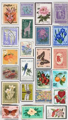 many different postage stamps with flowers and animals on them, all printed in different colors