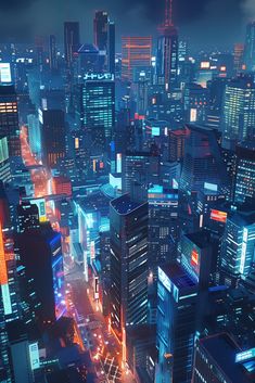 an aerial view of a city at night with lots of tall buildings and neon lights