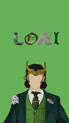 a man in a suit with horns on his head and the word loki above him